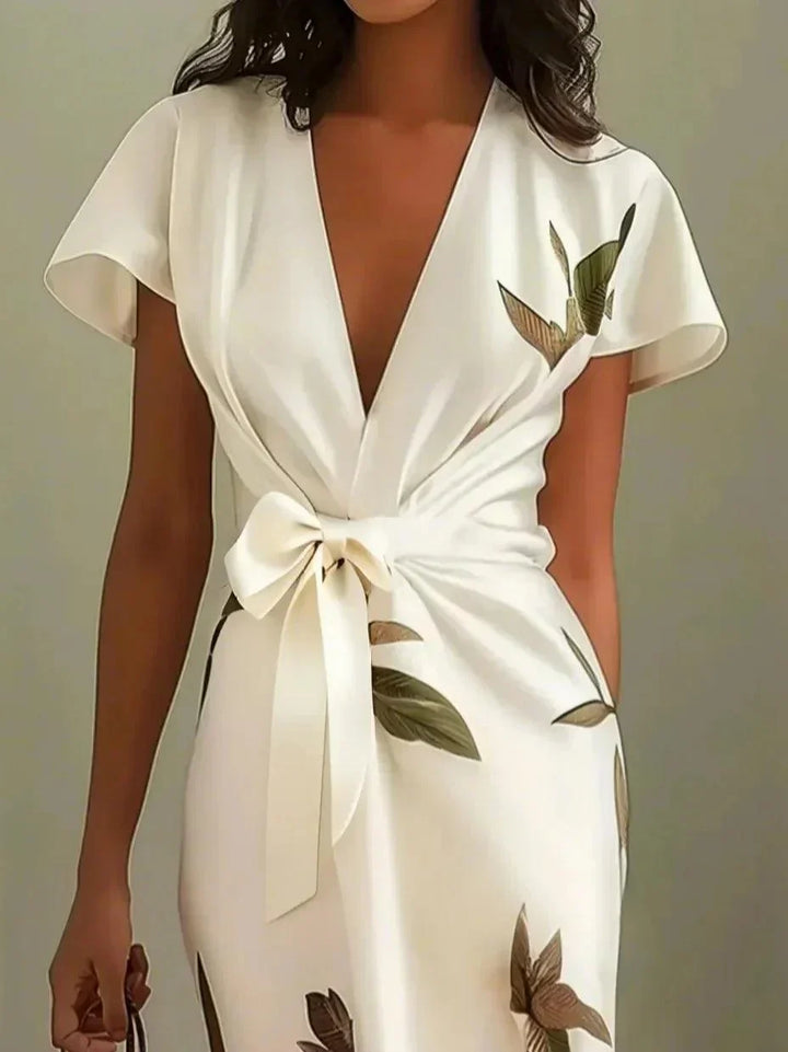 Abito Wrap Elegante con Stampa di Foglie