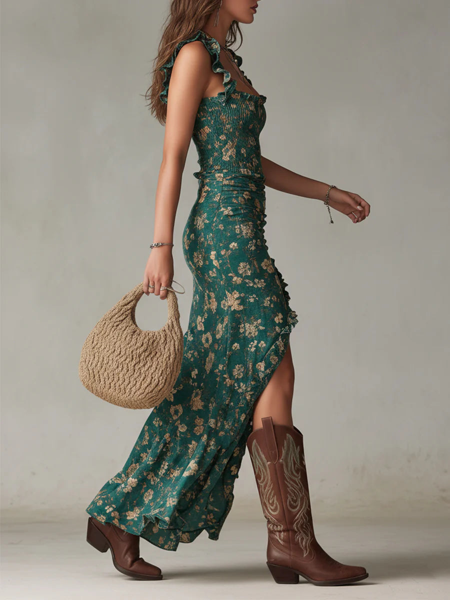 Abito Maxi Stampato Verde Bohemien
