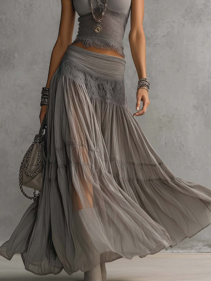 Top Grigio Trasparente con Pannelli in Pizzo e Set di Gonna Maxi Plissettata