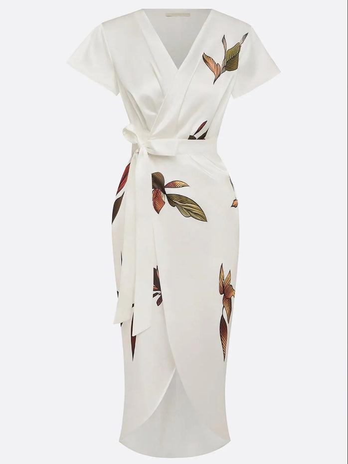 Abito Wrap Elegante con Stampa di Foglie