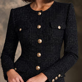 Ženska elegantna tweed haljina s zlatnim gumbima