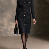 Ženska elegantna tweed haljina s zlatnim gumbima