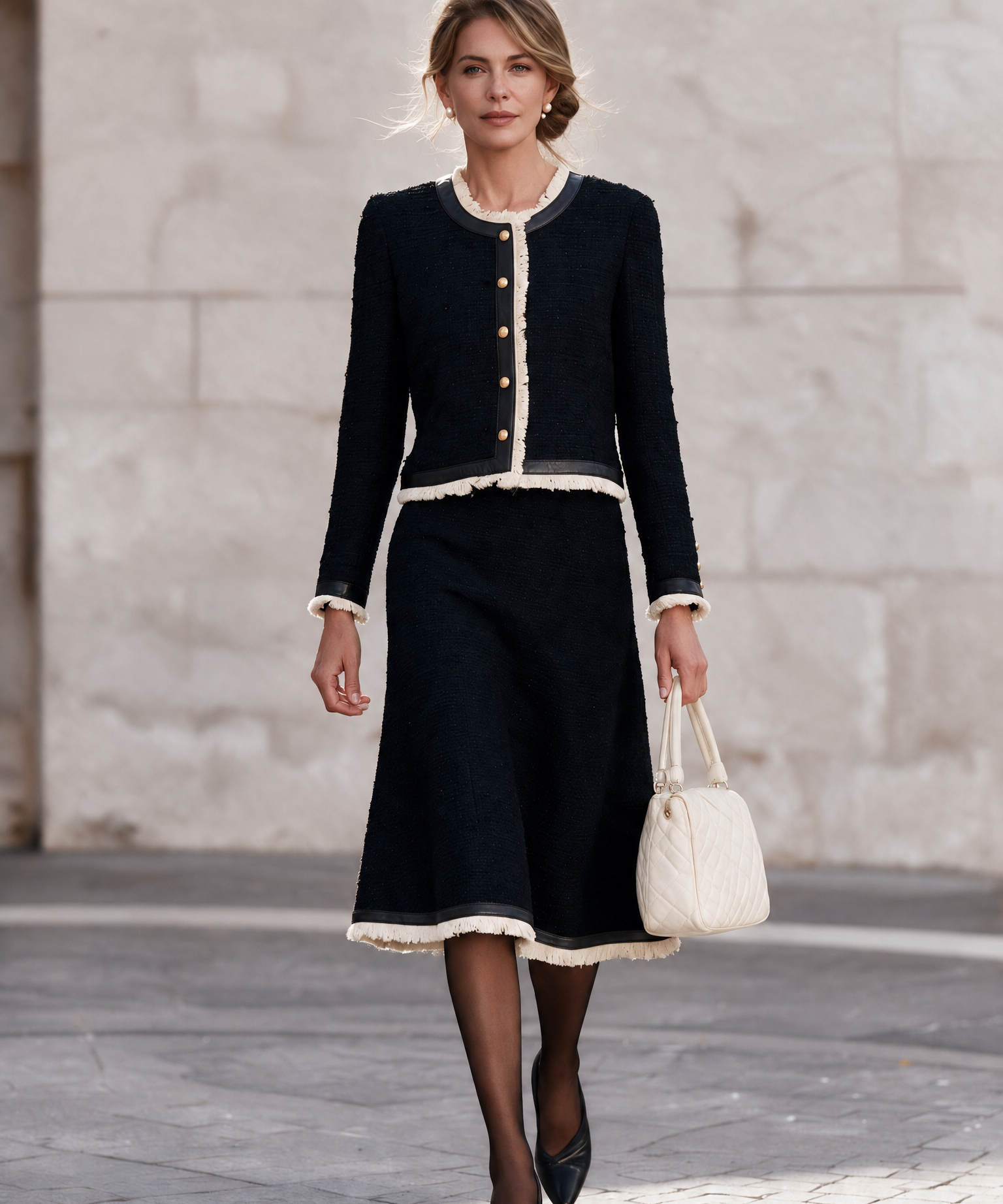 Ženski elegantni tweed set s kožnim detaljima i izfrcanim rubovima
