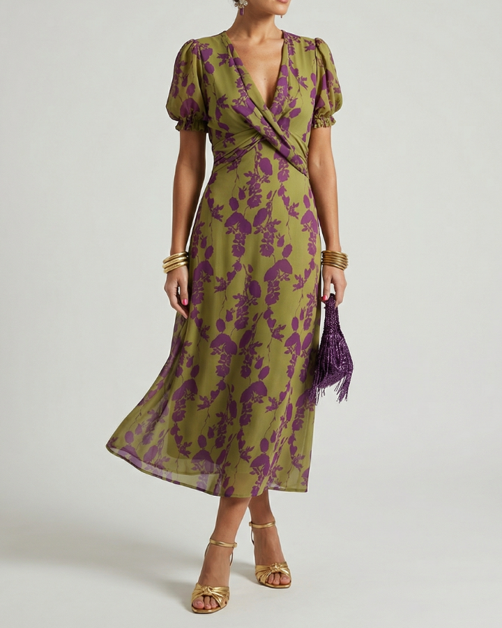 Abito elegante verde con stampa di fiori viola