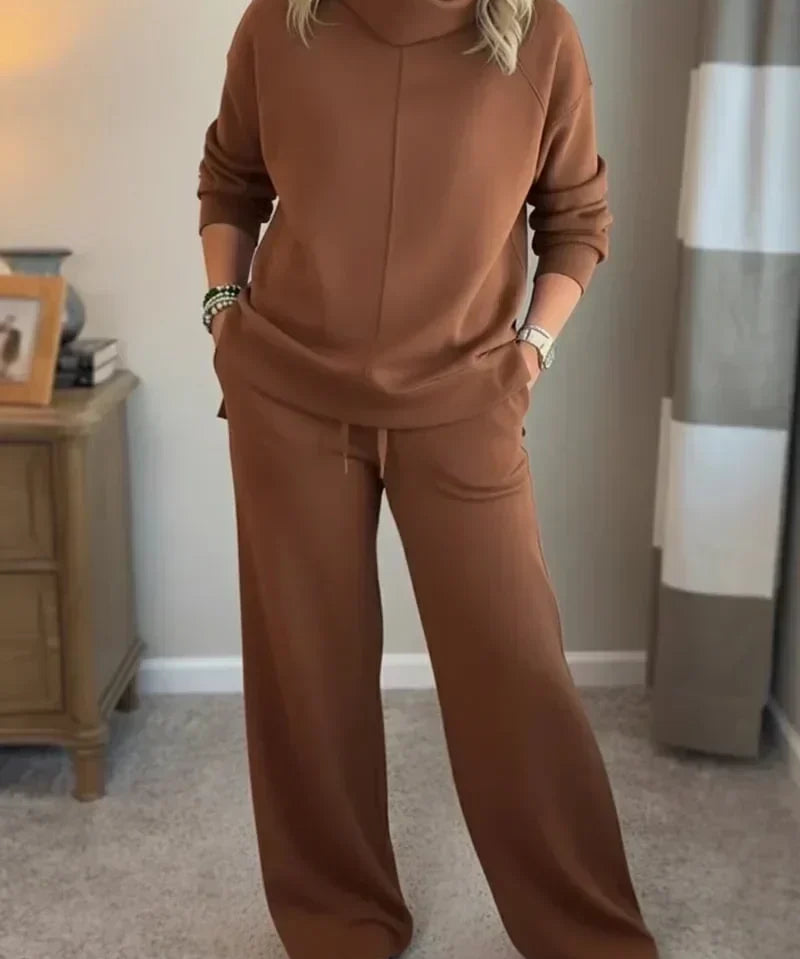 Aivra | Ženski dugi rukav turtleneck široke nogavice dvodijelni set s džepovima