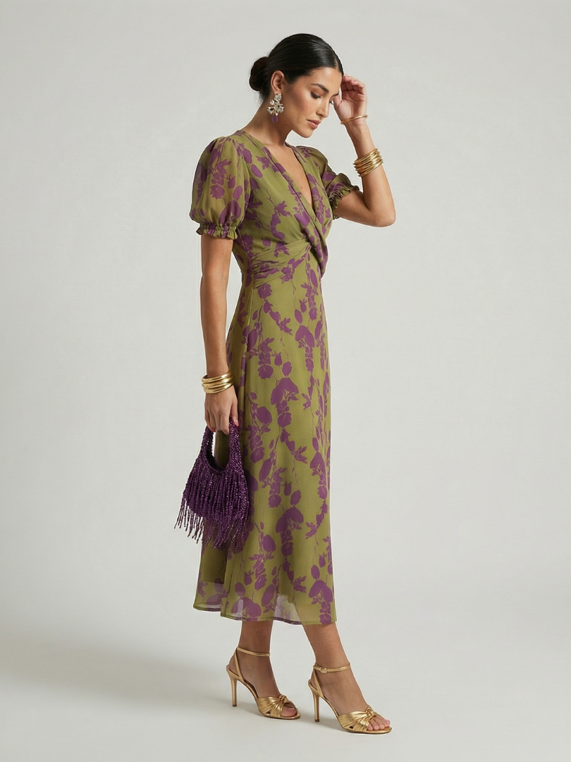 Abito elegante verde con stampa di fiori viola