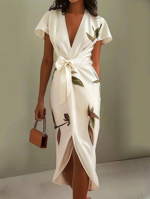 Abito Wrap Elegante con Stampa di Foglie