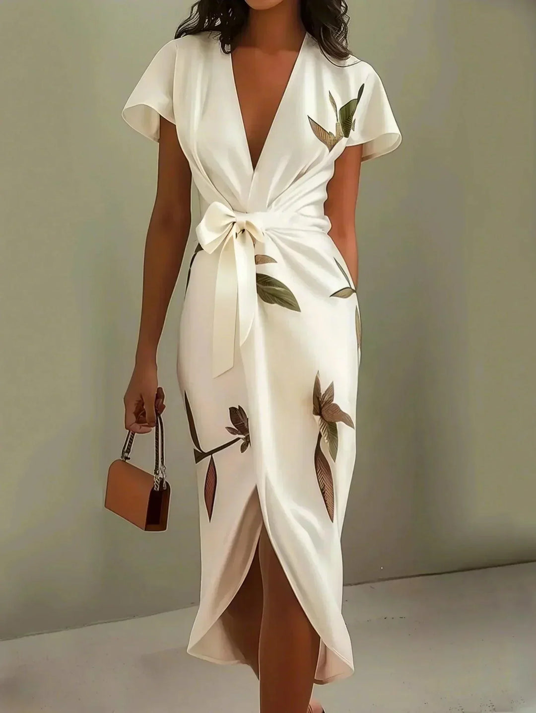 Abito Wrap Elegante con Stampa di Foglie