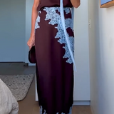 Elegantna smeđa i plava čipkast panel top + suknja set