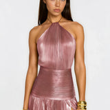 Glossy — Sjajna plisirana maksi haljina s halter izrezom