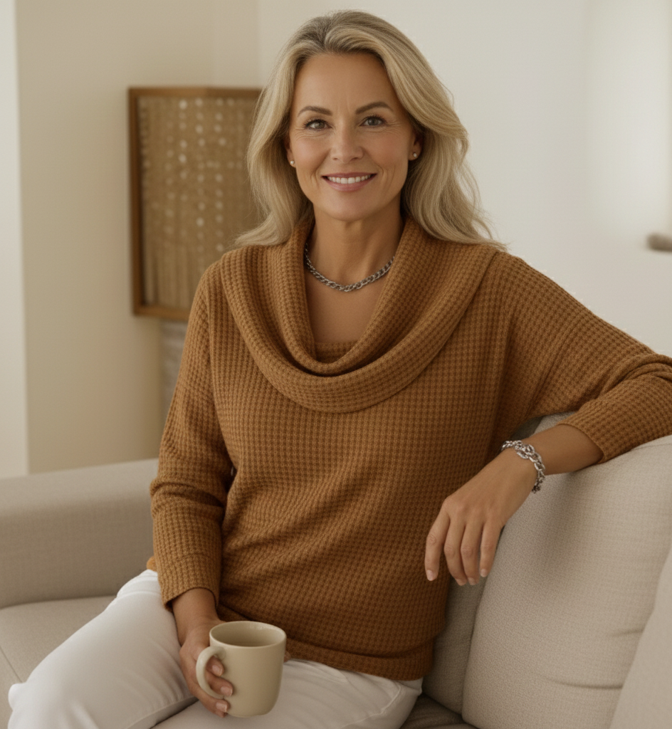 Marina – Topla pletena majica s teksturom vafla i elegantnim drapiranim ovratnikom