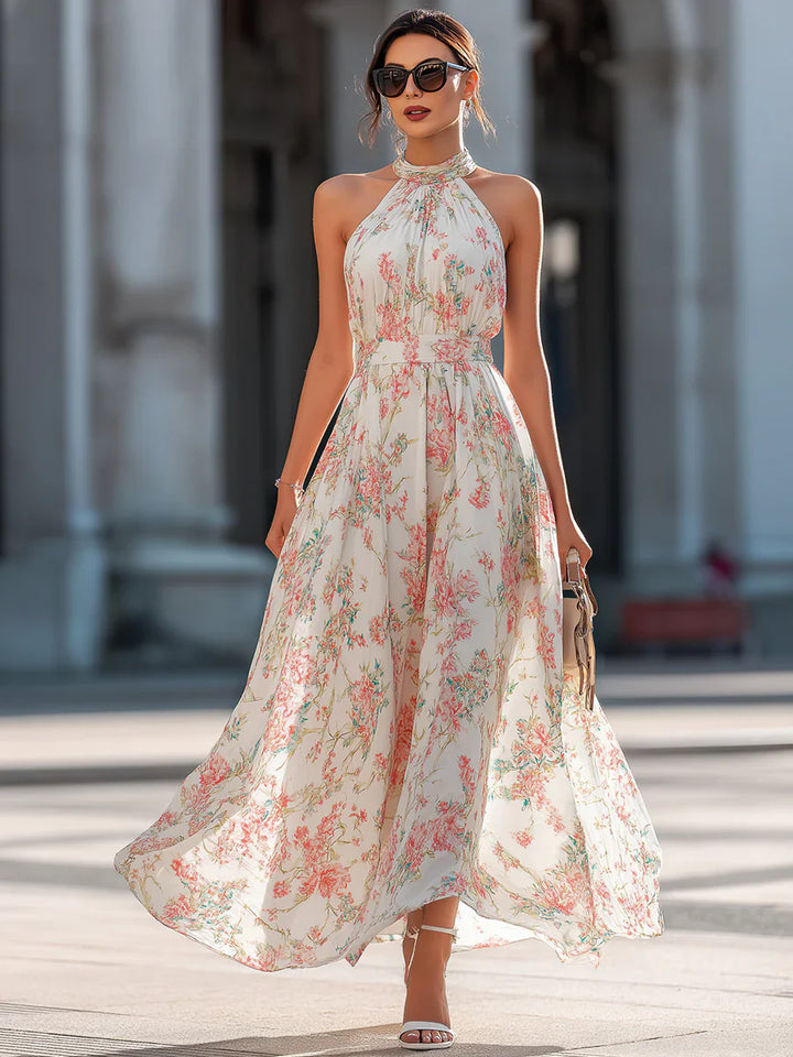 Abito lungo in Chiffon con Stampa Floreale e Collo Halter