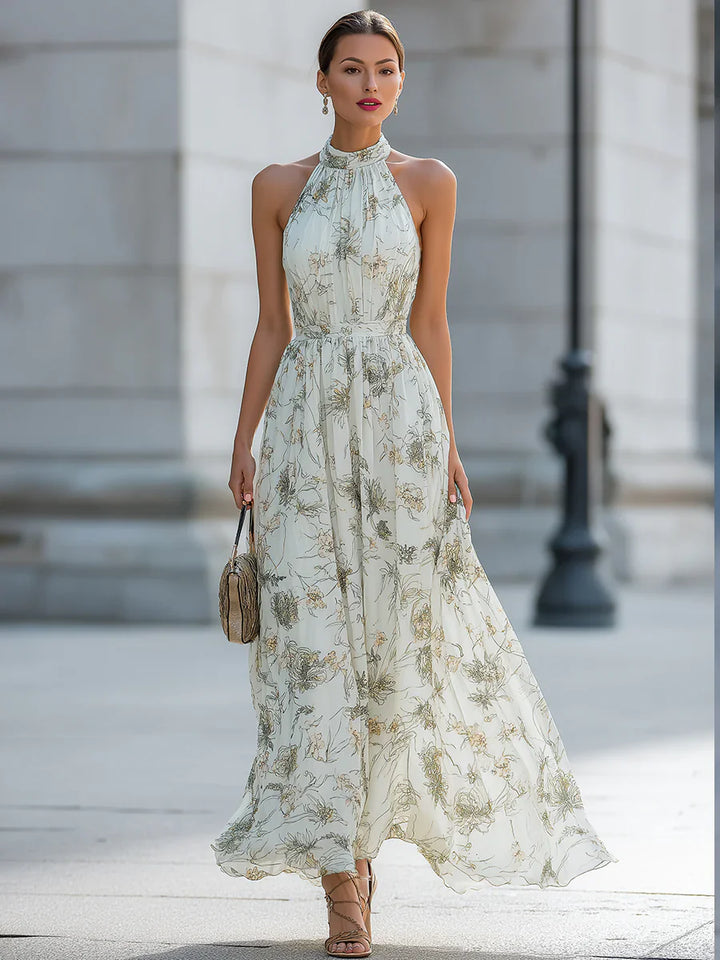 Abito lungo in Chiffon con Stampa Floreale e Collo Halter