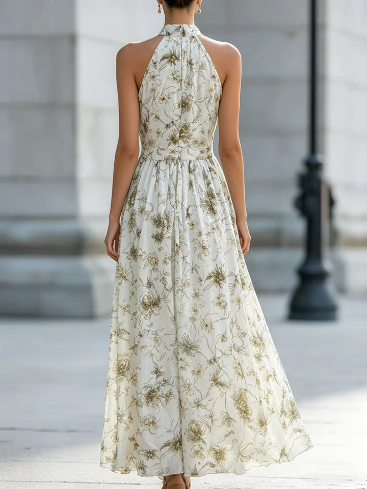 Abito lungo in Chiffon con Stampa Floreale e Collo Halter
