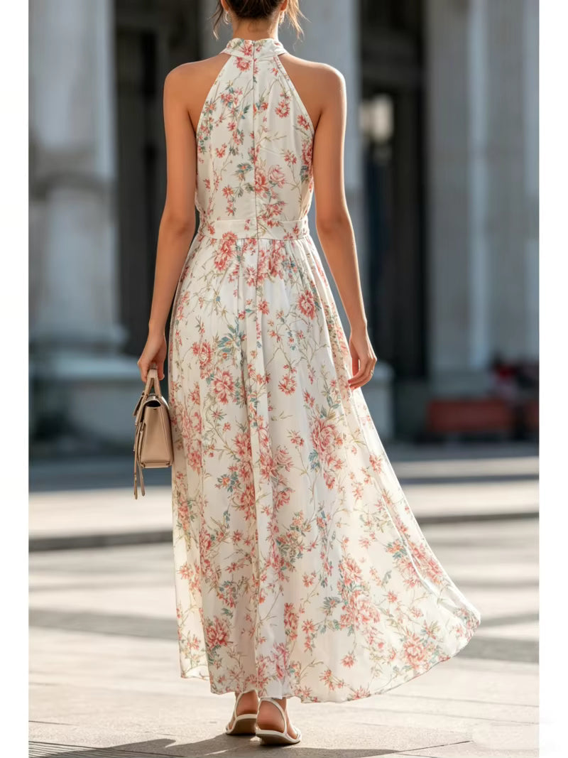 Abito lungo in Chiffon con Stampa Floreale e Collo Halter