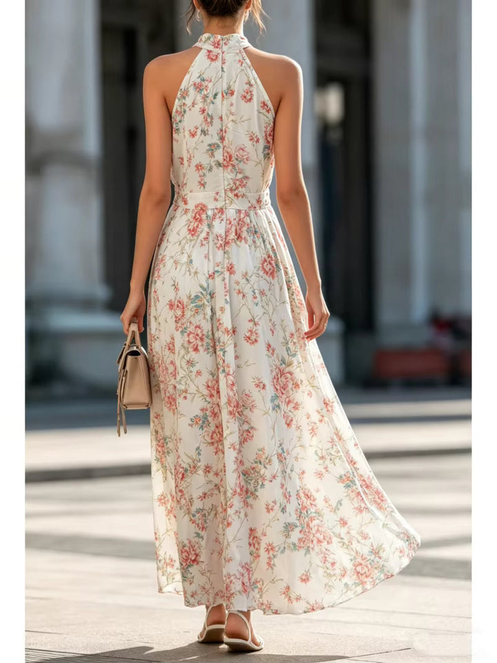 Abito lungo in Chiffon con Stampa Floreale e Collo Halter
