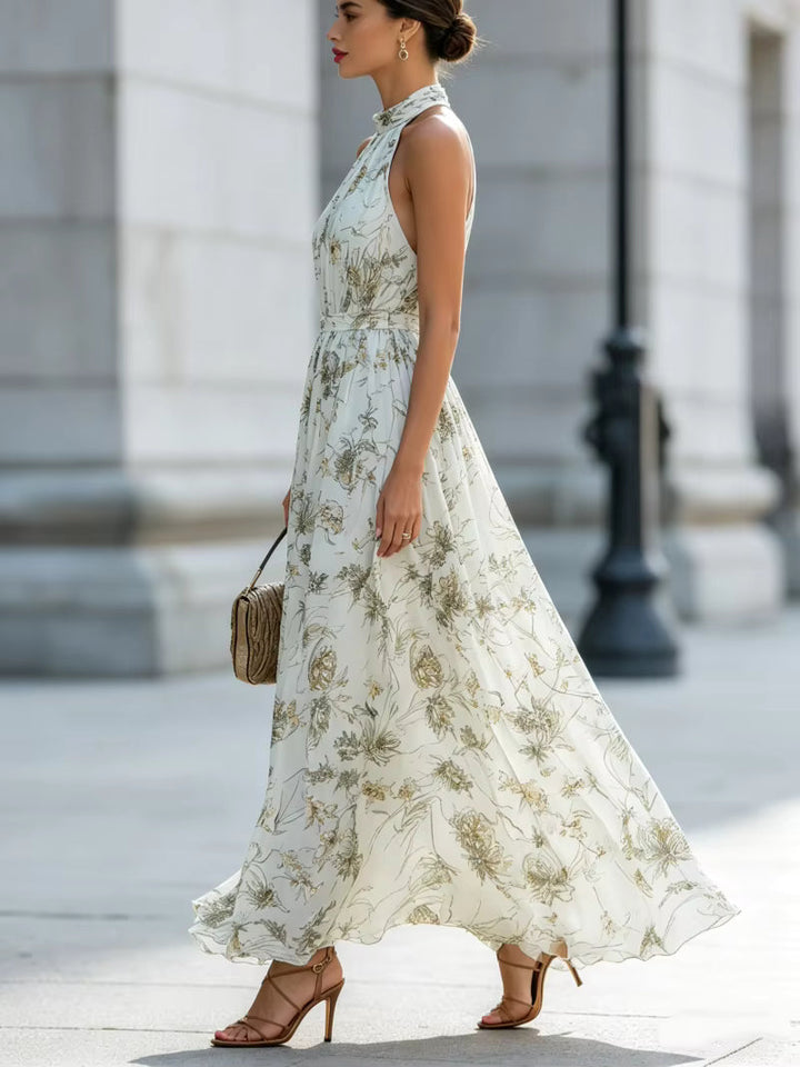 Abito lungo in Chiffon con Stampa Floreale e Collo Halter