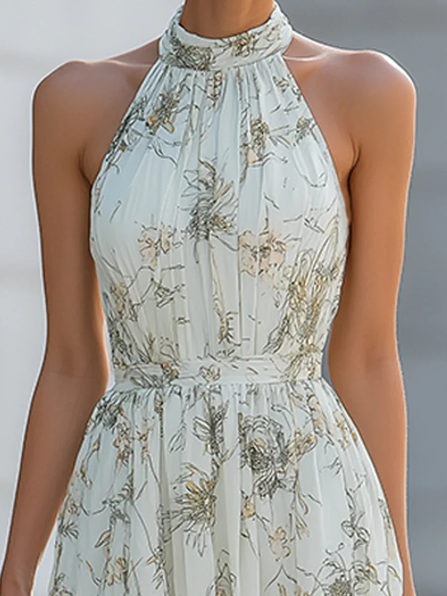 Abito lungo in Chiffon con Stampa Floreale e Collo Halter