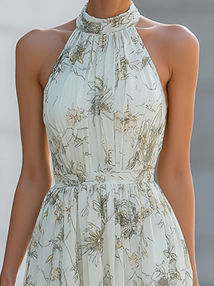 Abito lungo in Chiffon con Stampa Floreale e Collo Halter