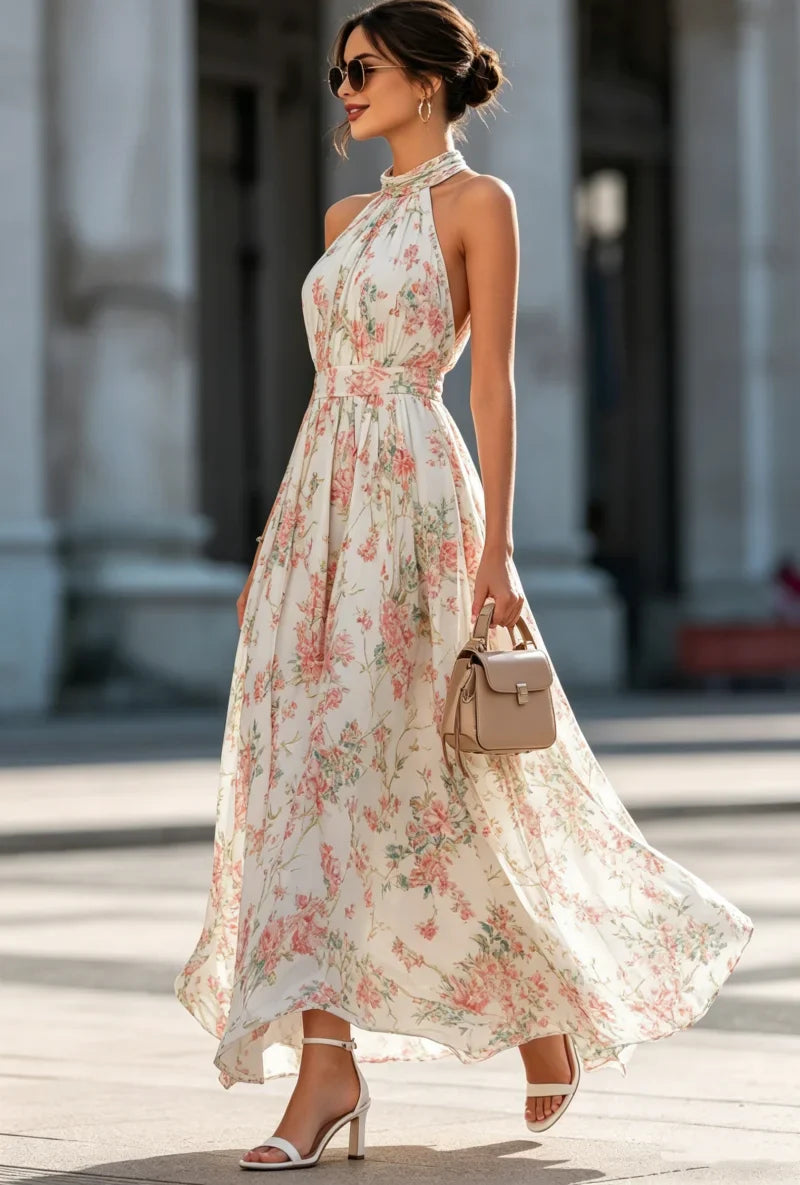 Abito lungo in Chiffon con Stampa Floreale e Collo Halter