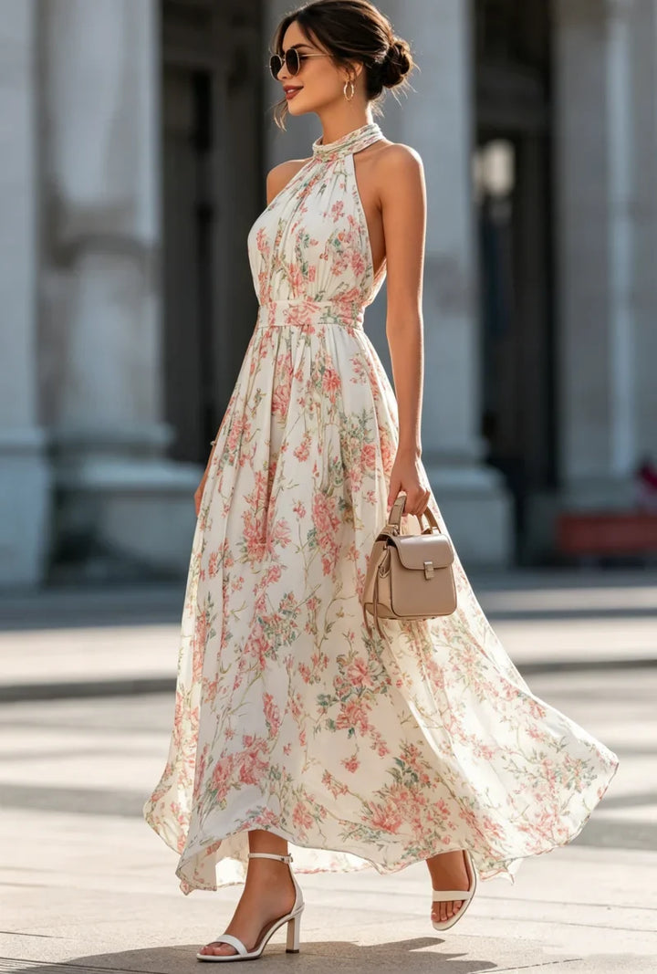 Abito lungo in Chiffon con Stampa Floreale e Collo Halter