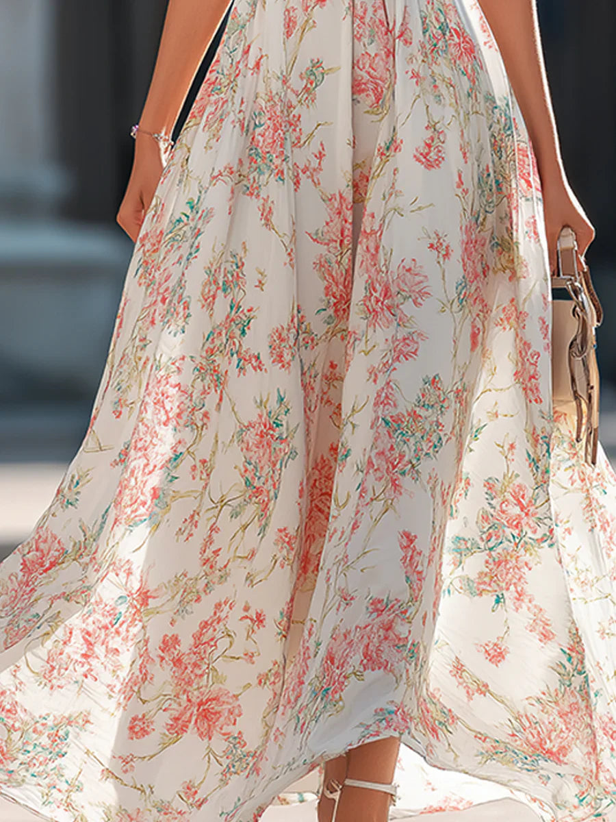 Abito lungo in Chiffon con Stampa Floreale e Collo Halter