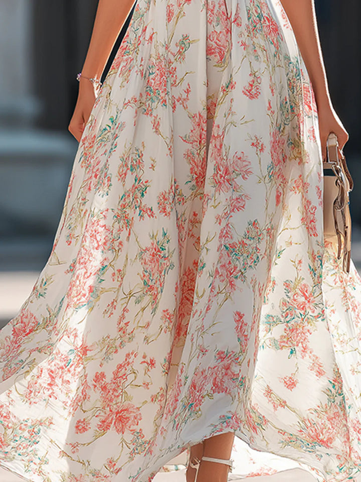 Abito lungo in Chiffon con Stampa Floreale e Collo Halter