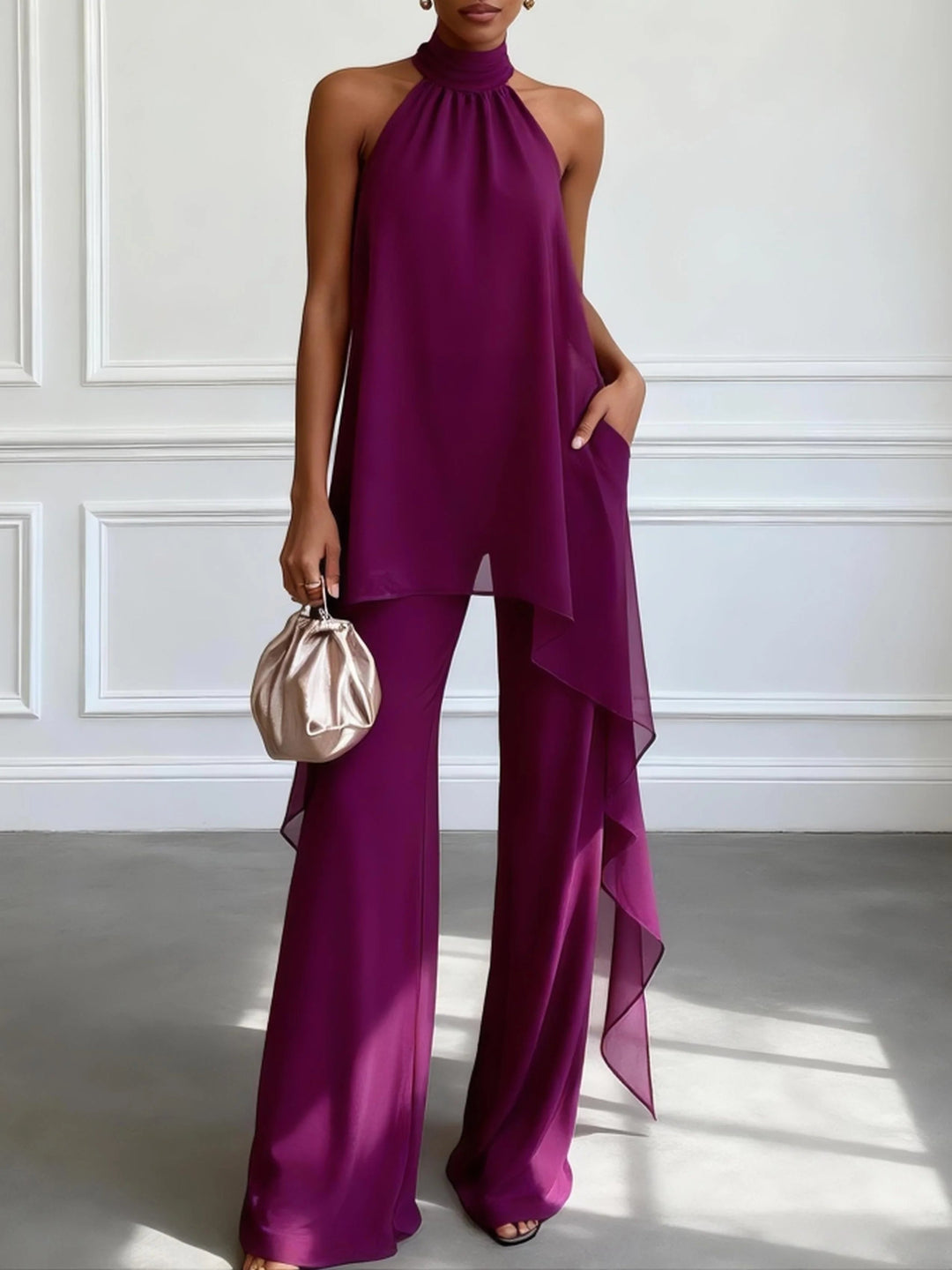 Completo Elegante Senza Maniche Viola con Top e Pantaloni