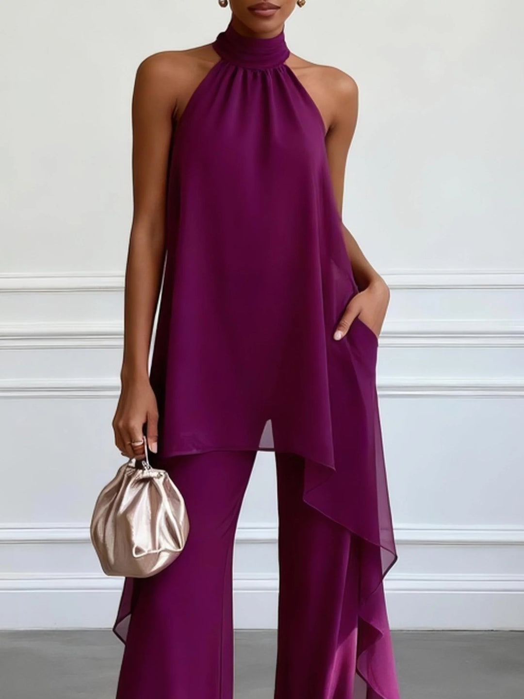 Completo Elegante Senza Maniche Viola con Top e Pantaloni