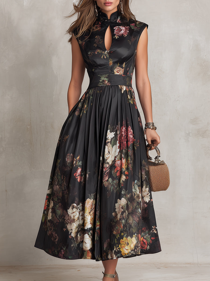 Abito midi in satin plissettato floreale
