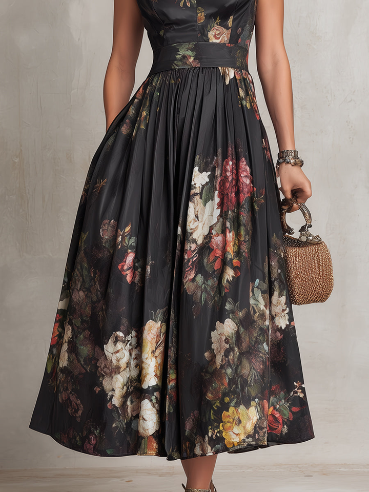 Abito midi in satin plissettato floreale