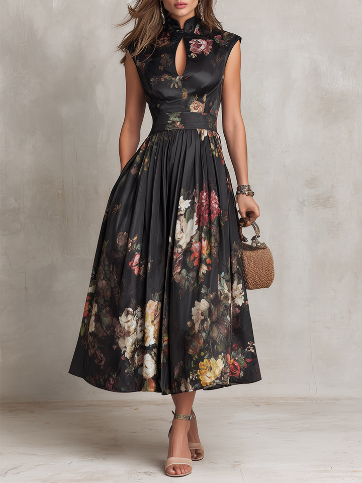 Abito midi in satin plissettato floreale