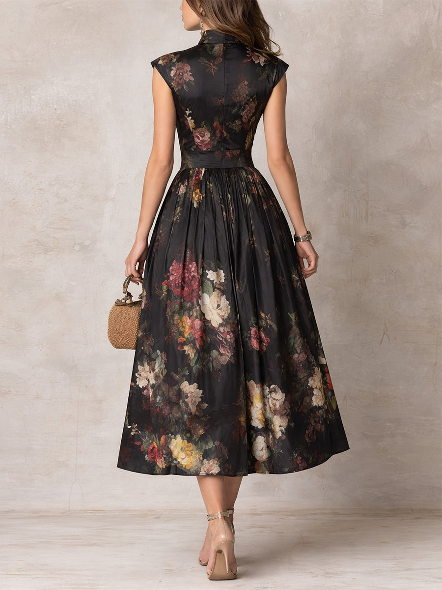 Abito midi in satin plissettato floreale
