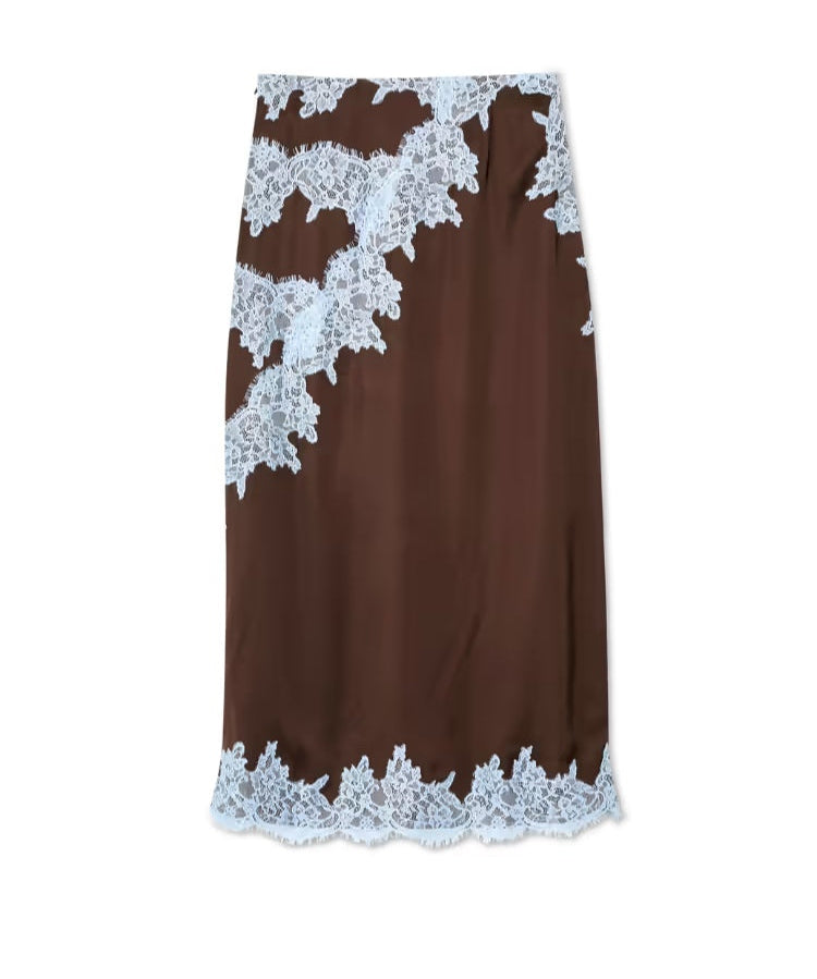 Elegantna smeđa i plava čipkast panel top + suknja set