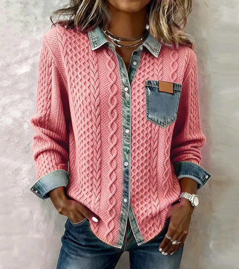 Eimilia - Pleteni top s pletenicama i denim detaljima