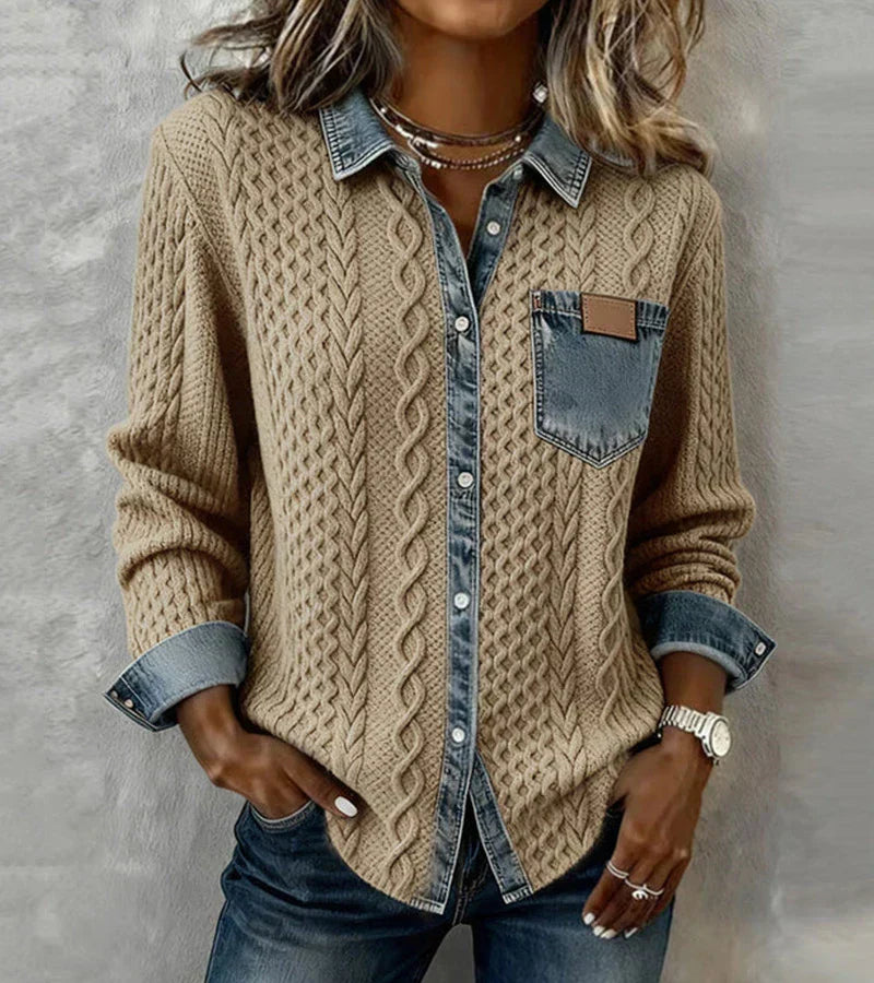 Eimilia - Pleteni top s pletenicama i denim detaljima