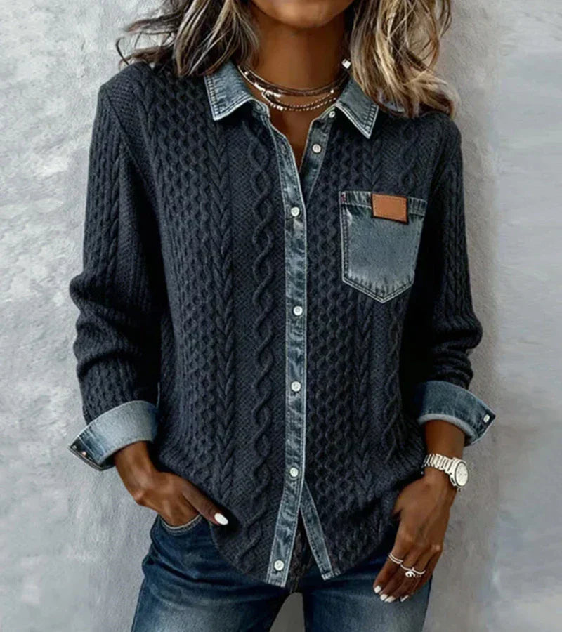 Eimilia - Pleteni top s pletenicama i denim detaljima