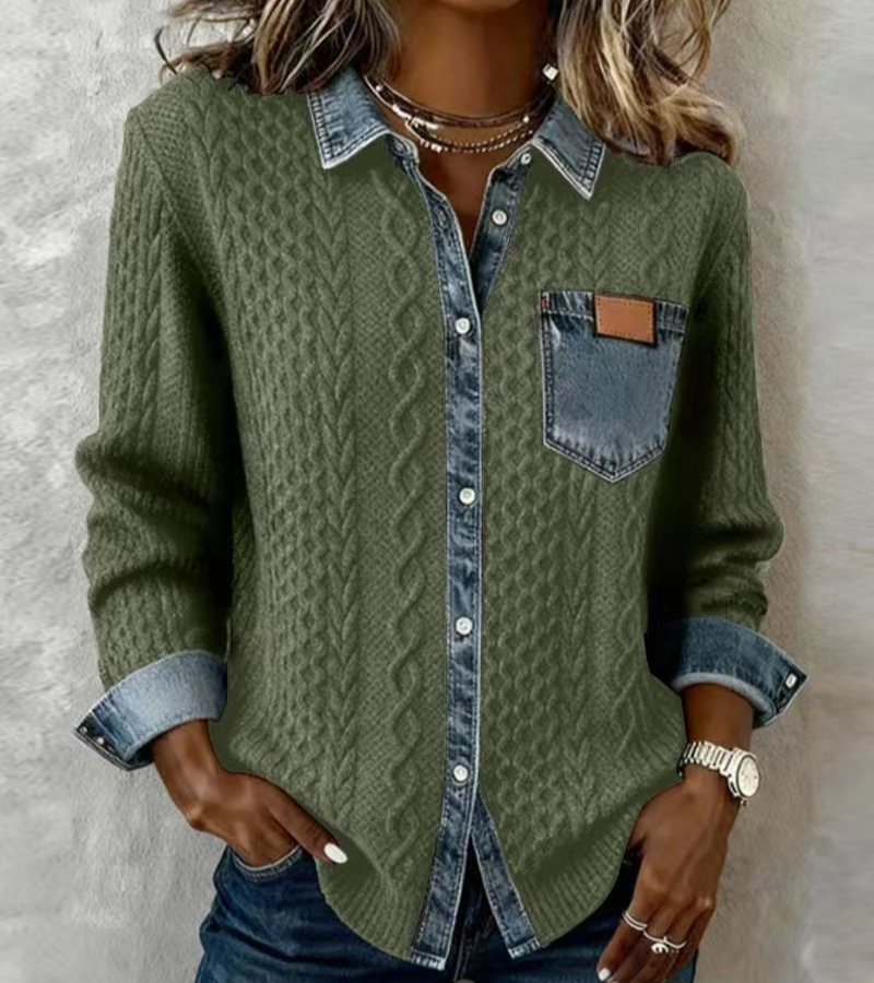 Eimilia - Pleteni top s pletenicama i denim detaljima