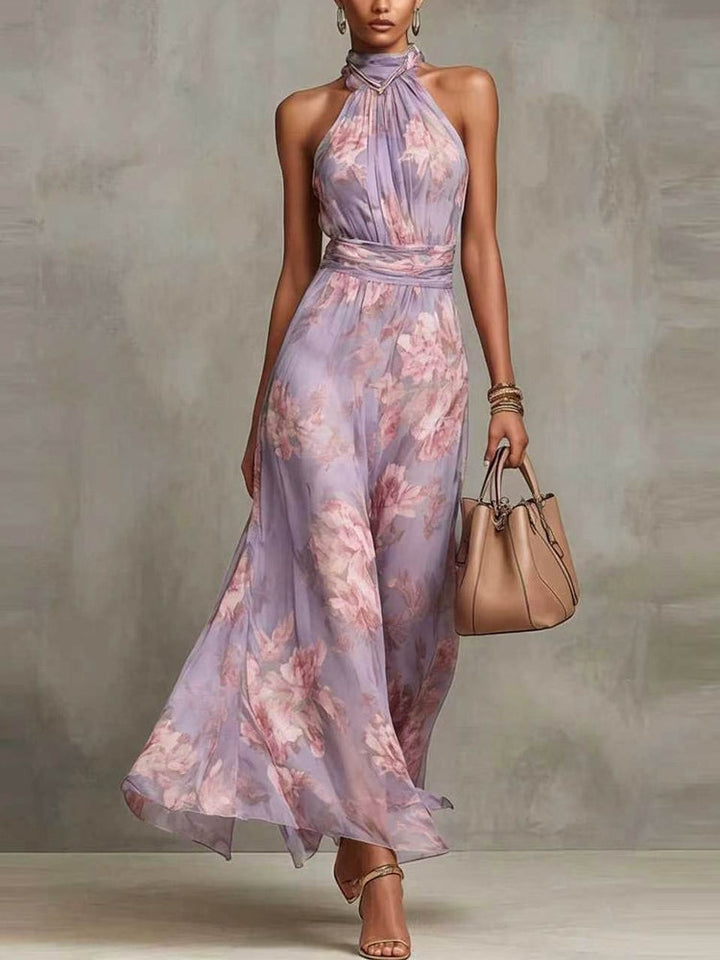 Abito Maxi Halter in Chiffon Rosa a Fiori