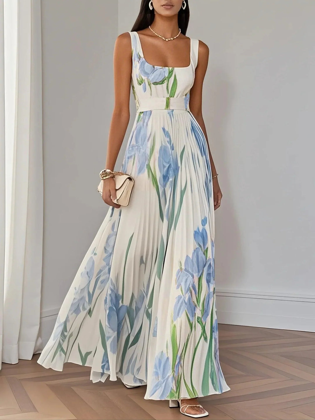 Abito Maxi Bianco Pieghettato con Fiori