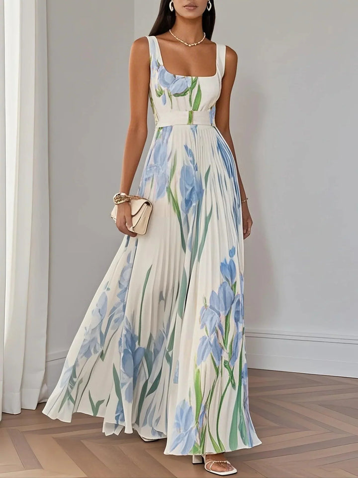 Abito Maxi Bianco Pieghettato con Fiori