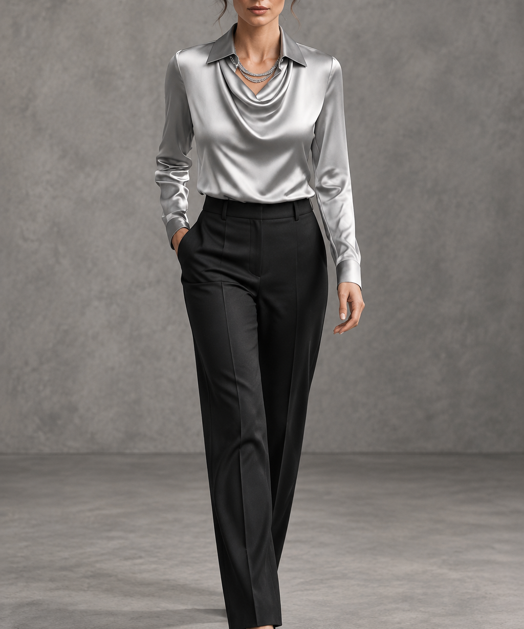Elegantna Bijela Satenska Bluza s Draper Dekom