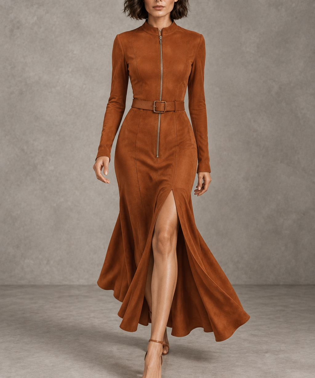 Marija - Elegantna Duga Haljina od Suede s Remenom i Raskorakom