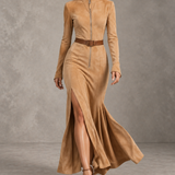 Marija - Elegantna Duga Haljina od Suede s Remenom i Raskorakom