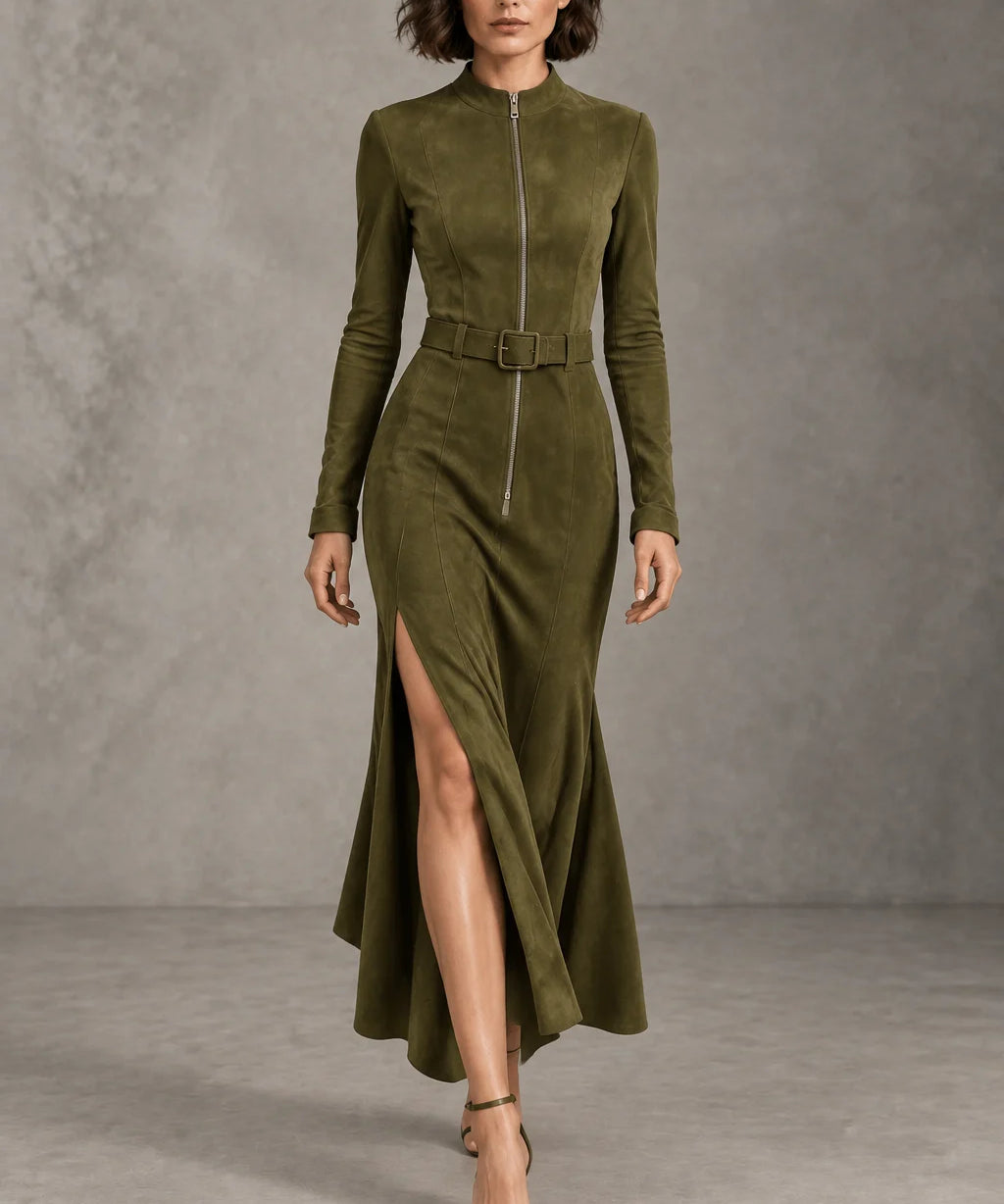 Marija - Elegantna Duga Haljina od Suede s Remenom i Raskorakom
