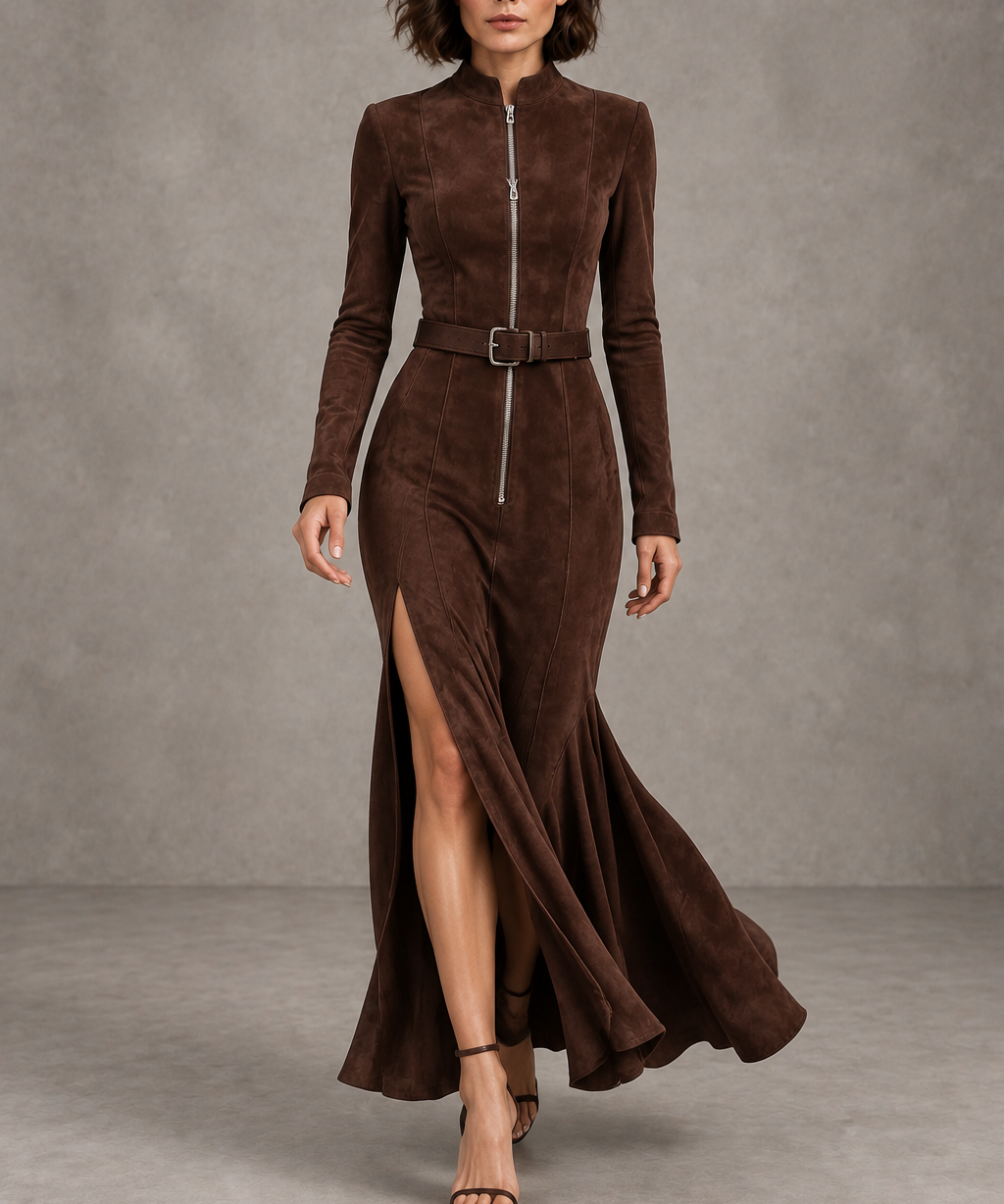 Marija - Elegantna Duga Haljina od Suede s Remenom i Raskorakom