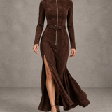 Marija - Elegantna Duga Haljina od Suede s Remenom i Raskorakom